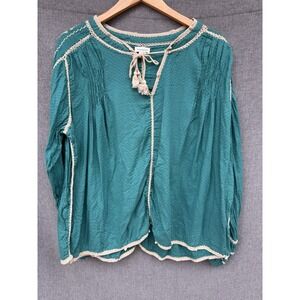 Sundance‎ Top PXL Teal Blue Green Embroidered Boho Peasant Blouse Tassel